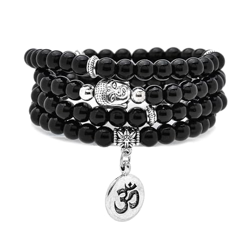 Japa Mala Perlen 108 Armband, Buddha Charm Halskette mit OM Yoga Symbol Charm für Männer oder Frauen (Schwarzer Achat (Black Agate)) von oasymala