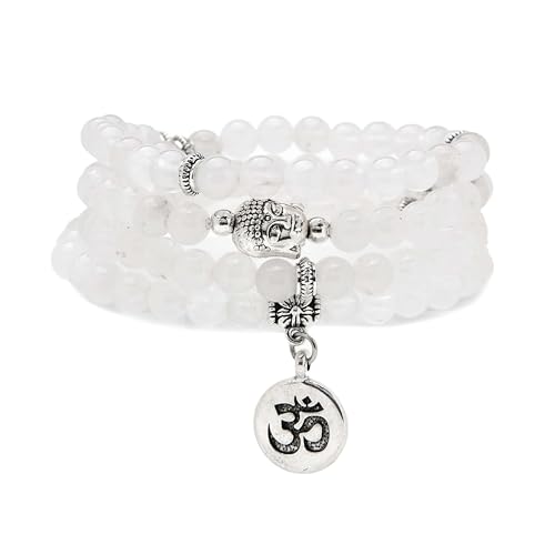 Japa Mala Perlen 108 Armband, Buddha Charm Halskette mit OM Yoga Symbol Charm für Männer oder Frauen (Weiße Jade (White Jade)) von oasymala