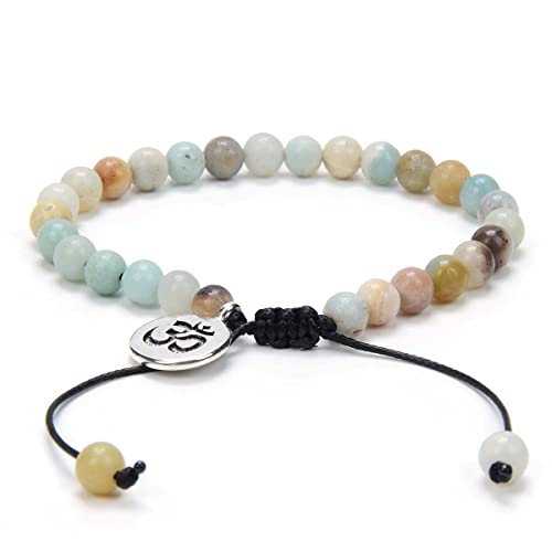 Verstellbares Om-Wunsch-Armband Meditation Mala Gebetskette Yoga Om Schmuck geflochten mit Mala-Perlen aus Naturstein (Amazonit (Amazonite)) von oasymala