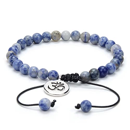Verstellbares Om-Wunsch-Armband Meditation Mala Gebetskette Yoga Om Schmuck geflochten mit Mala-Perlen aus Naturstein (Blue-Jaspis-Achat (Blue Spot Jasper Agate)) von oasymala