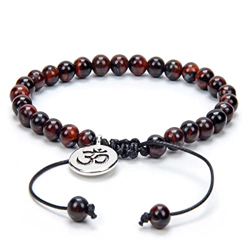 Verstellbares Om-Wunsch-Armband Meditation Mala Gebetskette Yoga Om Schmuck geflochten mit Mala-Perlen aus Naturstein (Rotes Tigerauge (Red Tiger Eye)) von oasymala