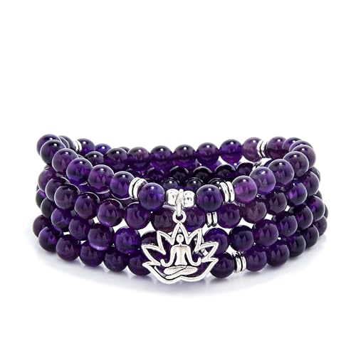 Vielseitige Mala-Halskette mit 108 Steinperlen und Yoga-Anhänger – tragbar als Armband (Amethyst) von oasymala