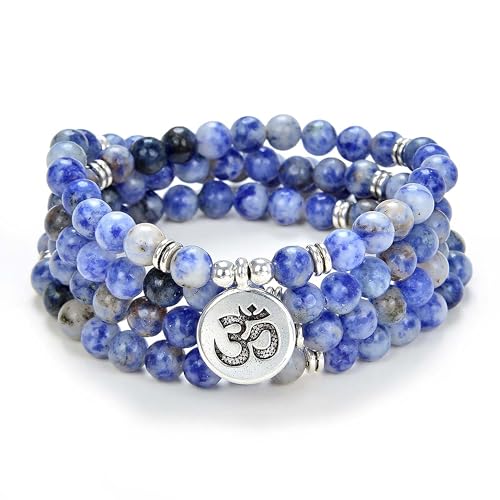 Yoga Symbol Anhänger Charm 108 Mala Beads Meditationsarmband oder Halskette für Männer oder Frauen (Blue-Jaspis-Achat (Blue Spot Jasper Agate)) von oasymala