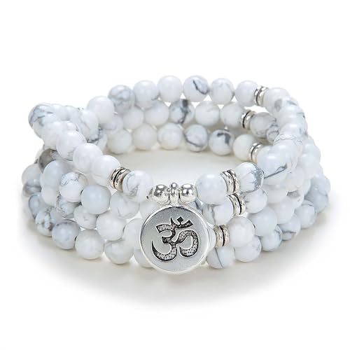 Yoga Symbol Anhänger Charm 108 Mala Beads Meditationsarmband oder Halskette für Männer oder Frauen (Weißer Howlith (White Howlite)) von oasymala