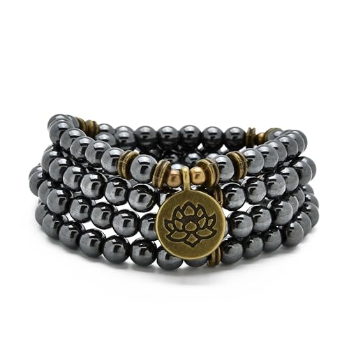 oasymala Armband oder Halskette aus 108 heilenden Mala-Perlen mit goldenem Lotus-Anhänger (Hämatit (Hematite)) von oasymala