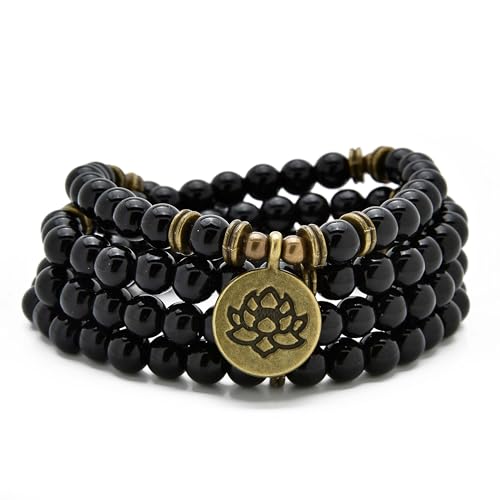 oasymala Armband oder Halskette aus 108 heilenden Mala-Perlen mit goldenem Lotus-Anhänger (Schwarzer Achat (Black Agate)) von oasymala