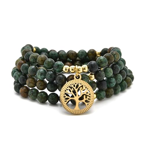 oasymala Meditationszubehör, 108 Mala-Perlen, goldener Lebensbaum-Anhänger, Yoga-Perlen-Armband oder Halskette für Männer oder Frauen (Afrikanischer Türkis (African Turquoise)) von oasymala