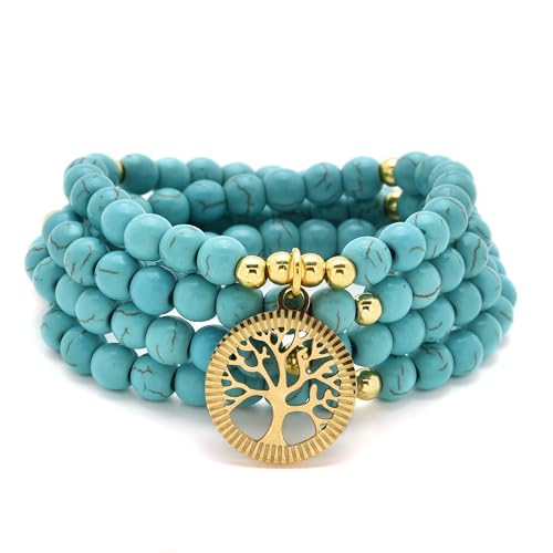 oasymala Meditationszubehör, 108 Mala-Perlen, goldener Lebensbaum-Anhänger, Yoga-Perlen-Armband oder Halskette für Männer oder Frauen (Grüner Türkis (Green Turquoise)) von oasymala