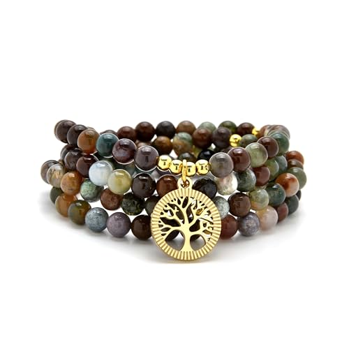 oasymala Meditationszubehör, 108 Mala-Perlen, goldener Lebensbaum-Anhänger, Yoga-Perlen-Armband oder Halskette für Männer oder Frauen (Indischer Achat (Indian Agate)) von oasymala