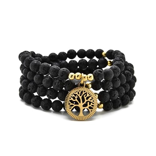 oasymala Meditationszubehör, 108 Mala-Perlen, goldener Lebensbaum-Anhänger, Yoga-Perlen-Armband oder Halskette für Männer oder Frauen (Lava) von oasymala