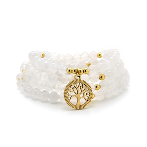 oasymala Meditationszubehör, 108 Mala-Perlen, goldener Lebensbaum-Anhänger, Yoga-Perlen-Armband oder Halskette für Männer oder Frauen (Weiße Jade (White Jade)) von oasymala
