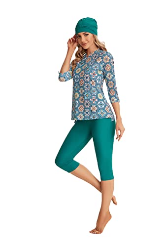 obaSeteck 3/4 Kurzarm Damen Badeanzug Sonnenanzug Surfwear Damen Zweiteiler Badeanzug Badeanzug Burkini Beachwear (XL, Z2) von obaSeteck