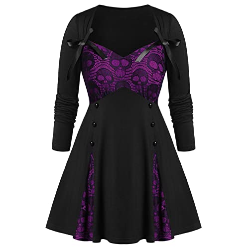 obaSeteck Damen Plus Size Spitze Mock Button Bowknot Kleid Punk Gothic Vintage Split V-Ausschnitt Kleider(XXL, Z2) von obaSeteck