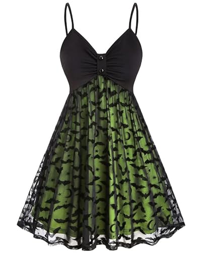 obaSeteck Gothic Sling Kleid Sexy Neon Fledermaus Gürtel Kleid Halloween Party Kleid Vintage Rockabilly Midi Kleid Festival Party Plue Größe Kleid(L, Z1) von obaSeteck