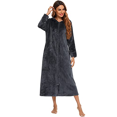 obaSeteck Langer Warmer Morgenmantel Damen Reißverschluss Fleece Plüsch Pyjamas Weicher Hausmantel(XL, Z3) von obaSeteck