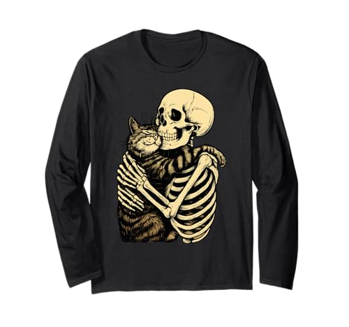 Funny Skeleton Hugging Black Cat Halloween Mom Dad Kids 2025 Langarmshirt von obeezon