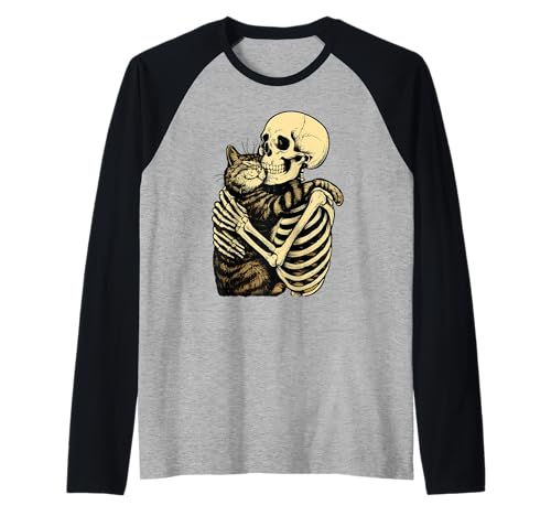 Funny Skeleton Hugging Black Cat Halloween Mom Dad Kids 2025 Raglan von obeezon
