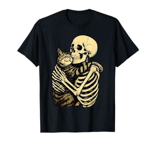 Funny Skeleton Hugging Black Cat Halloween Mom Dad Kids 2025 T-Shirt von obeezon