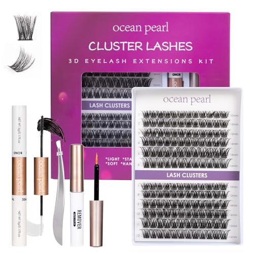 OCEAN PEARL Wimpern Cluster 144PCS Künstliche Wimpern 10-16mm DIY Wimpern Extensions Set D Curl Einzelne Wimpern Mit Mascara Pinsel Lash Kleber Entferner Wimpern Applikatoren für Anfänger-DM01 von ocean pearl