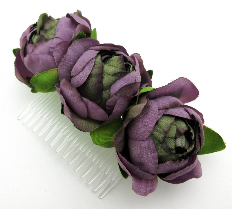 Dreifach Mauve Lavendel Salbei Ranunkel Knospe Seidenblume Haarkamm von oceansEdge11