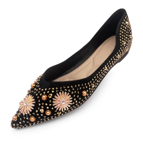 Damen Flats Bequeme Spitze Strass Ballerinas für Hochzeit Party Arbeit Datum Funkeln Elegant Kleid Flats, Dark Night Black, 38 EU von ochisdf