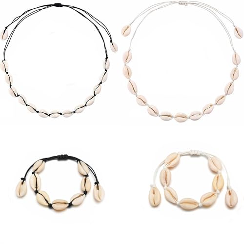 Muschel Schmuckset, Kauri Muschel Halskette und Armband, 4-teilig, Weiß und Schwarz, Verstellbar Muschel Schmuckset, Kauri Muschel Halskette und Armband, 4-teilig, Weiß und Schwarz, Verstellbar von ochrahna