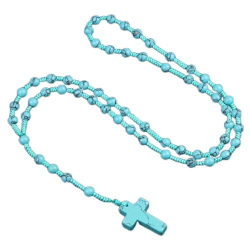 ochrahna Handgefertigte Rosenkranz-Halskette, 3 Farbvarianten, mit Kreuzanhänger, Gebetskette aus Glasperlen (Blue Dot Stone Halskette) von ochrahna
