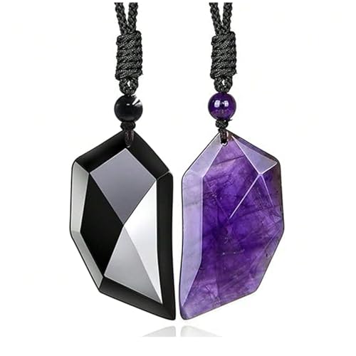 ochrahna Kristall Paar-Halskette, Amethyst und Rosenquarz Anhänger, Geflochtene Schnur, 2-teiliges Set (Obsidian+Amethyst) von ochrahna