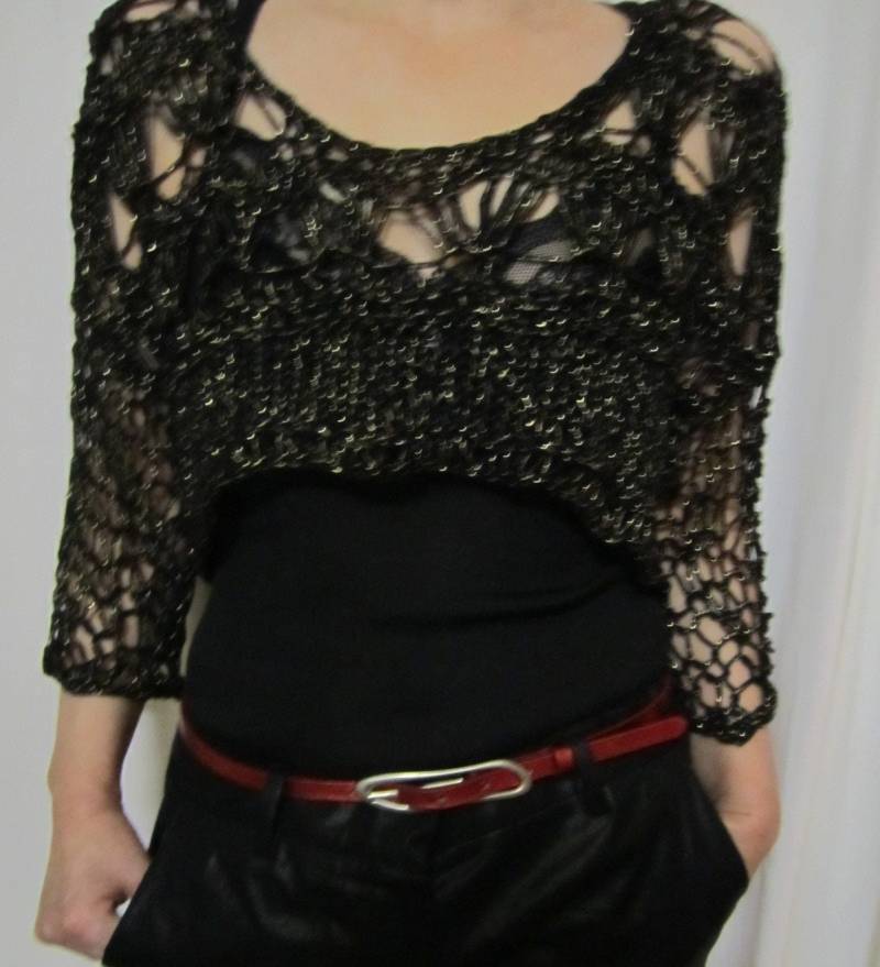 Handgestricktes Crop Top Aus Baumwolle Schwarz/Gold - Größe S von odaliv