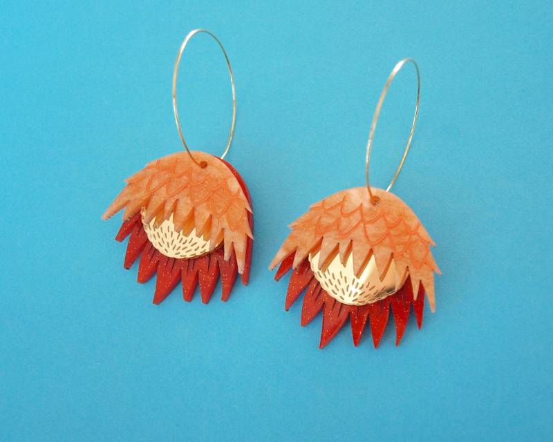 Protea Blume Ohrringe in Orange Laser Cut Acryl Protea Blume Ohrringe in Orange Laser Cut Acryl von oddspark