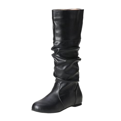 Cowboystiefel für Damen, runder Zehenbereich, flache kniehohe Stiefel, schwarz, Lackleder, rutschfest, einfacheres An- und Ausziehen, warmer Stiefel, wasserabweisend, leicht zu reinigen, Damenschuhe von ofeirhz