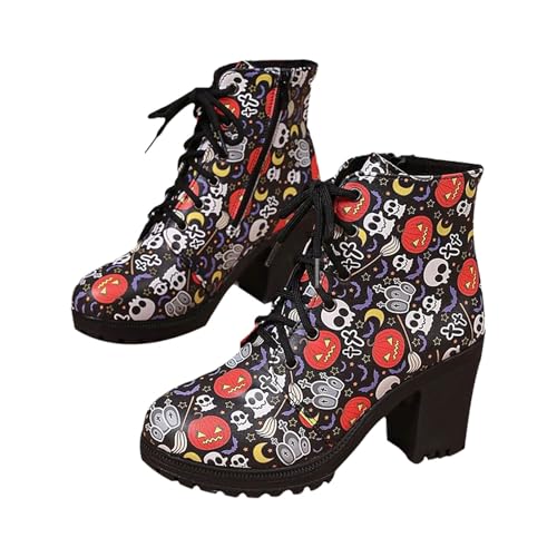 Stiefel für Damen, Halloween-Druck, Stiefeletten, klobiger Absatz, runder Zehenbereich, rutschfest, Schnürstiefel, wasserabweisend, leicht zu reinigen, Stiefel mit seitlichem Reißverschluss, Festivals von ofeirhz