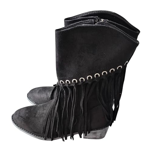 Stiefel für Damen, mittelhohe Wadenpartie, Quaste, breiter Absatz, runder Zehenbereich, Retro-Westernstiefel, rutschfest, einfaches An- und Ausziehen, leicht zu reinigen, bequeme Damenschuhe mit von ofeirhz