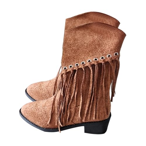 Stiefel für Damen, mittelhohe Wadenpartie, Quaste, breiter Absatz, runder Zehenbereich, Retro-Westernstiefel, rutschfest, einfaches An- und Ausziehen, leicht zu reinigen, bequeme Damenschuhe mit von ofeirhz