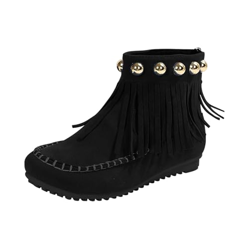 Stiefeletten für Damen, Retro-Stil, Quaste, Westernstiefel, dicke Unterseite, runde Zehenpartie, warmer Winterstiefel, einfacheres An- und Ausziehen, griffige Sohle, leicht zu reinigen, bequeme von ofeirhz