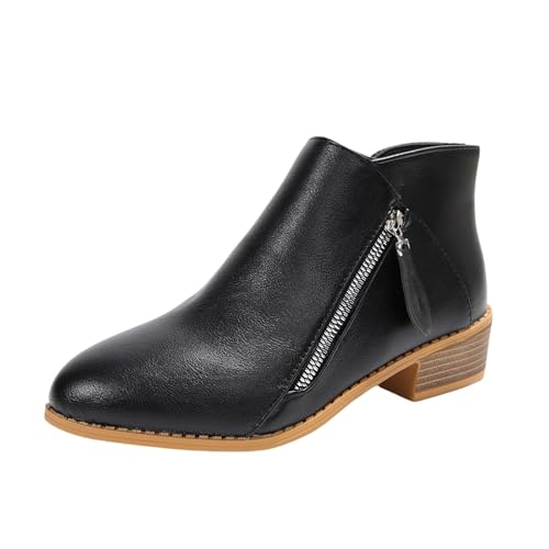 Stiefeletten für Damen, seitlicher Reißverschluss, Retro-Cowgirl-Stiefel, niedriger Absatz, runder Zehenbereich, rutschfest, einfaches An- und Ausziehen, Thermostiefel, Herbst, Winter, Kurzstiefel von ofeirhz