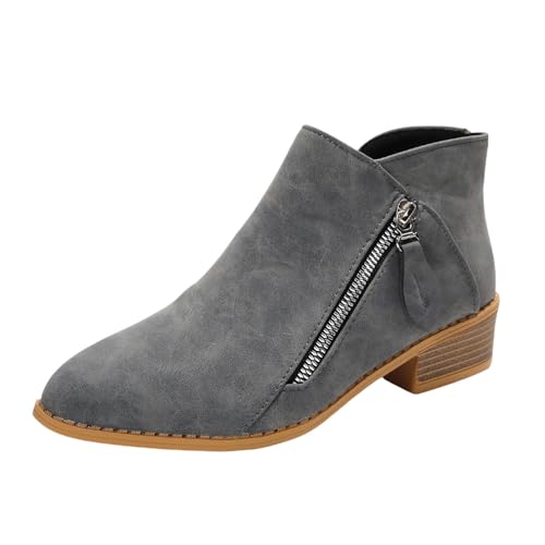 Stiefeletten für Damen, seitlicher Reißverschluss, Retro-Cowgirl-Stiefel, niedriger Absatz, runder Zehenbereich, rutschfest, einfaches An- und Ausziehen, Thermostiefel, Herbst, Winter, Kurzstiefel von ofeirhz