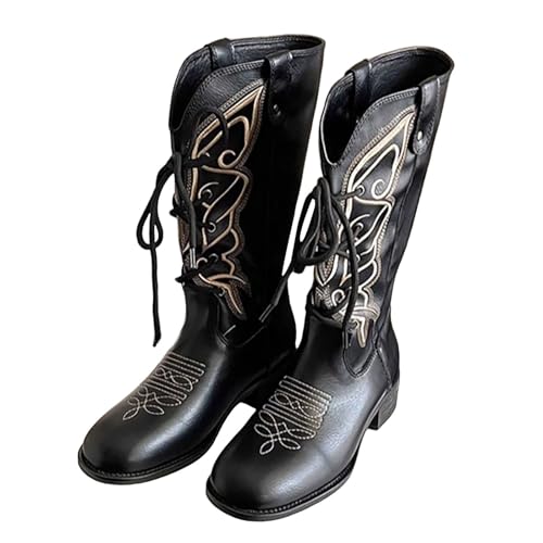 ofeirhz Cowboystiefel für Damen, Schnürstiefel, Westernstiefel, kniehohe Stiefel, klobiger Absatz, runde Zehenpartie, bestickt, wasserabweisend, leicht zu reinigen, Wanderstiefel, Wandern, Hofarbeit von ofeirhz