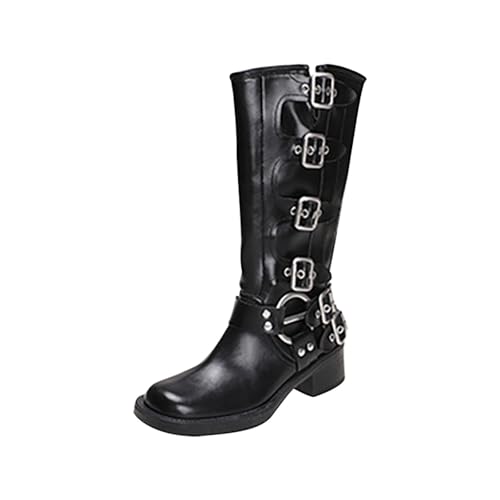 ofeirhz Cowboystiefel für Damen, kniehohe Schnalle, Motorradstiefel, klobiger Absatz, runder Zehenbereich, wasserabweisend, leicht zu reinigen, Damenschuhe, rutschfest, Retro-Westernstiefel für von ofeirhz