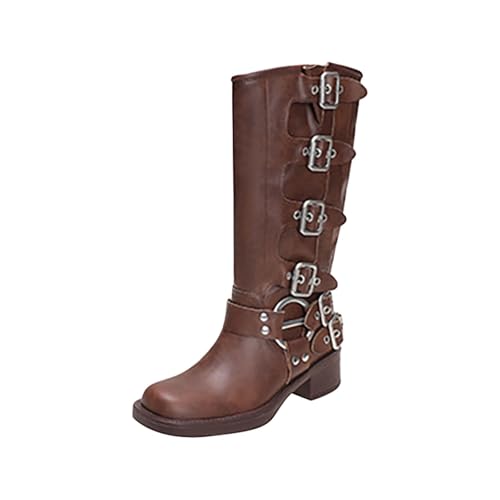 ofeirhz Cowboystiefel für Damen, kniehohe Schnalle, Motorradstiefel, klobiger Absatz, runder Zehenbereich, wasserabweisend, leicht zu reinigen, Damenschuhe, rutschfest, Retro-Westernstiefel für von ofeirhz