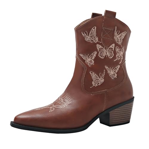 ofeirhz Cowboystiefel für Damen, wadenhoch, bestickt, klobiger Absatz, spitzer Zehenbereich, Damenschuhe, einfacheres An- und Ausziehen, bequemer Schlupfstiefel, wasserabweisend, leicht zu reinigen von ofeirhz