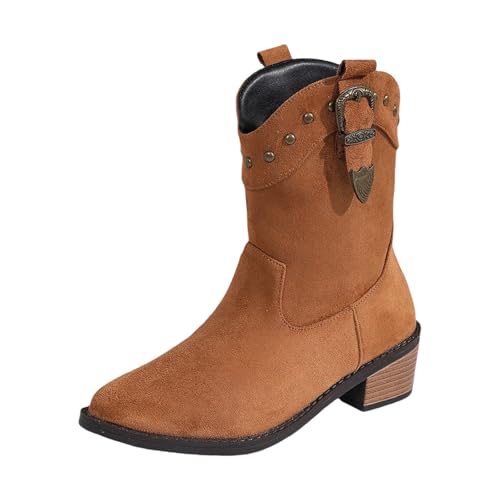 ofeirhz Damen-Wanderschuhe, mittelhohe Schnalle, Retro-Cowboystiefel, breiter Absatz, runde Zehenpartie, Damenschuhe, einfacheres An- und Ausziehen, bequeme Schlupfstiefel, rutschfest, leicht zu von ofeirhz