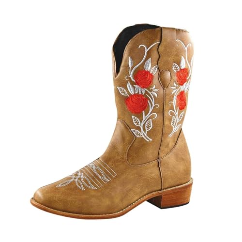 ofeirhz Stiefel für Damen, breiter Absatz, runde Zehenpartie, bestickt, Westernstiefel, leichteres An- und Ausziehen, bequemer Stiefel, rutschfest, leicht zu reinigen, Stiefel für breitere ofeirhz Stiefel für Damen, breiter Absatz, runde Zehenpartie, bestickt, Westernstiefel, leichteres An- und Ausziehen, bequemer Stiefel, rutschfest, leicht zu reinigen, Stiefel für breitere von ofeirhz
