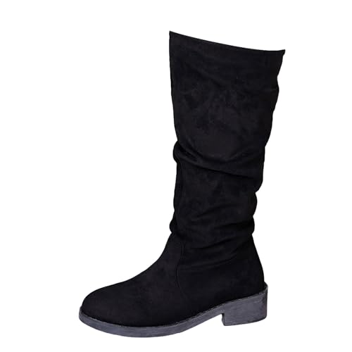 ofeirhz Stiefel für Damen, mittelhoch, warm, Winterstiefel, klobiger Absatz, runde Zehenpartie, Retro-Stiefel, einfacheres An- und Ausziehen, bequemer Schlupfstiefel, rutschfest, leicht zu reinigen von ofeirhz