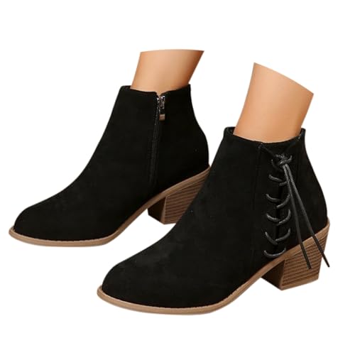 ofeirhz Stiefeletten für Damen, Schnürstiefel, seitlicher Reißverschluss, breiter Absatz, runde Zehenpartie, Damenschuhe, einfacheres An- und Ausziehen, bequeme Schlupfstiefel, Herbst, Winter, Retro von ofeirhz