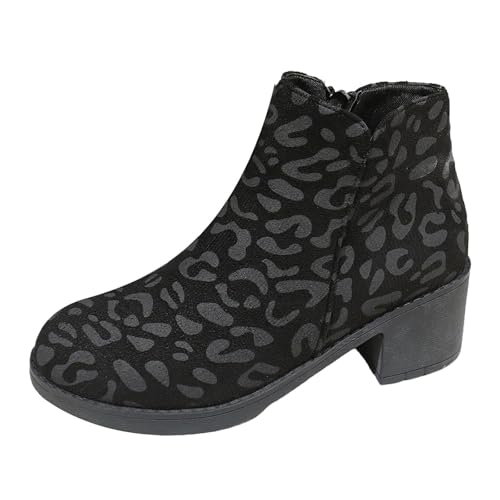 ofeirhz Stiefeletten für Damen, dicke Unterseite, dicker Absatz, rutschfeste Sohle, Wanderstiefel, runde Zehenpartie, Leopardenmuster, bequemer Stiefel, ideal für Herbst, Winter, Hundespaziergänge im von ofeirhz