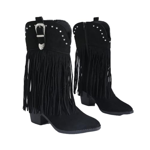 ofeirhz Wanderschuhe für Damen, mittelhoch, Western-Quaste, Wanderstiefel, breiter Absatz, spitzer Zehenbereich, Reißverschluss, einfacheres An- und Ausziehen, rutschfest, leicht zu reinigen von ofeirhz