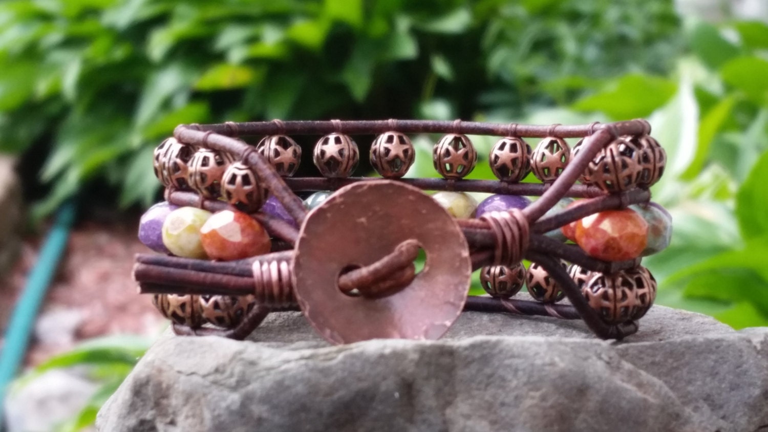 Bunt Und Copperful Leder Armband Armreif Aus Der Beadin Pfad Neosho Glas Perlen Reines Kupfer Rondellen Gehämmert Kupfernen-Taste von offbeadinpathneosho