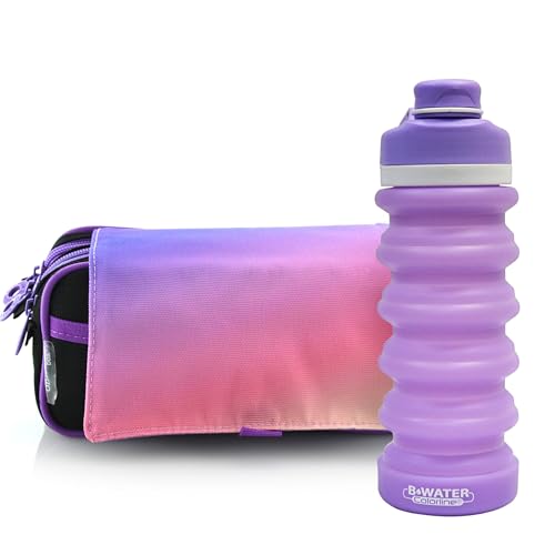 office box Federmäppchen mit 3 Fächern, Pastellfarben, mit 3 großen Fächern, mit Reißverschluss, mehrere Taschen und Stundenplan und ID., Farbmix - Violett + Wasser, Modisch von office box