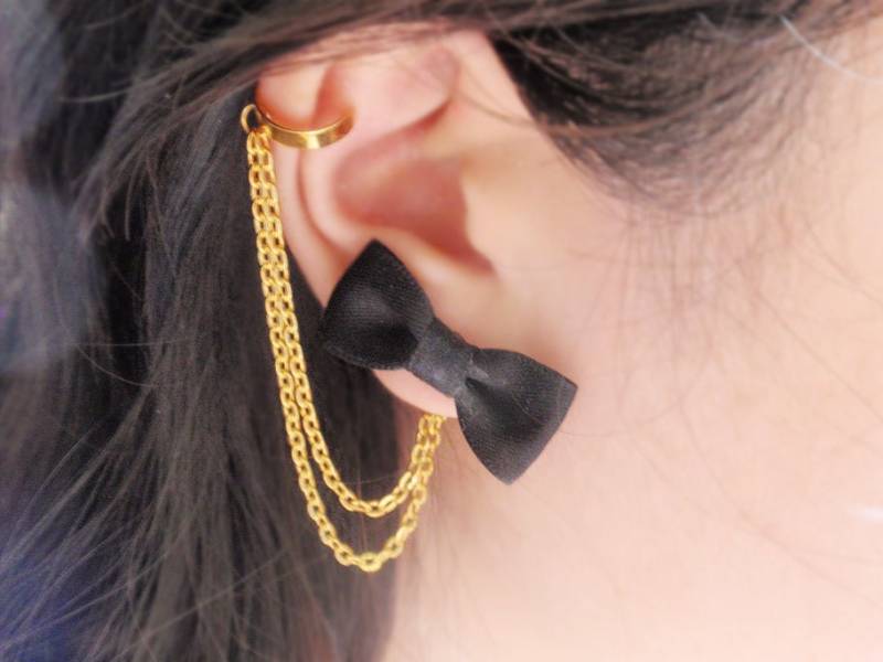 Schwarze Schleife Gold Doppelkette Ohr Cuff Ohrringe | Paar von oflovelythings